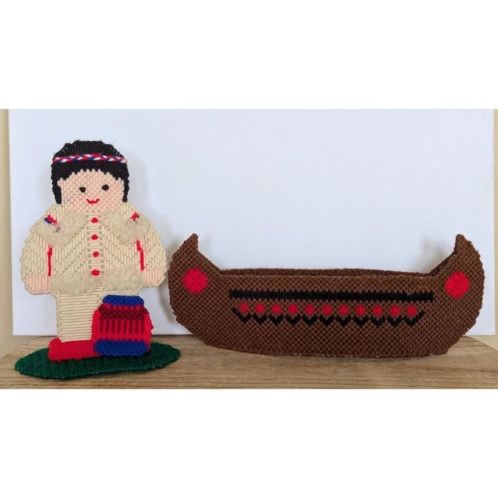 VTG Plastic Canvas Needlepoint Indian Native American Canoe Thanksgiving Decor